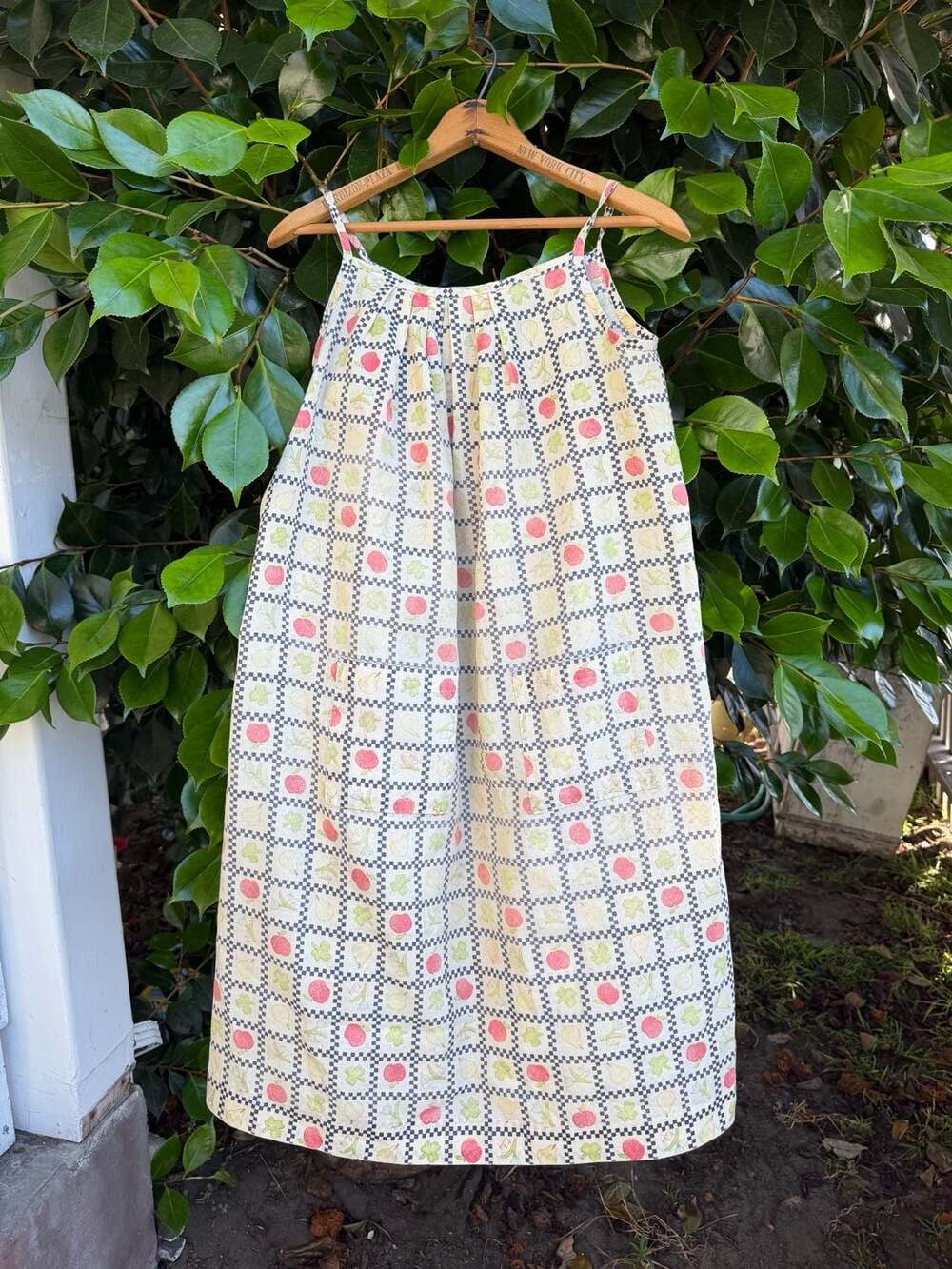 Vintage Handmade Garden Fruit & Veggie Check Midi Dress
